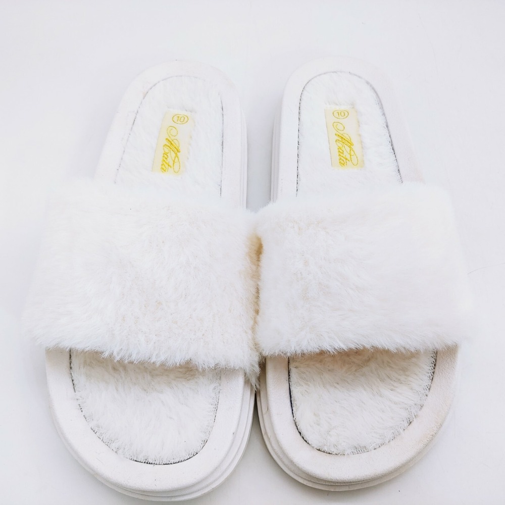 Mata Shoes Womens On Fire White 10 Slide Sandals Faux Fur Platform Heel Slip On
